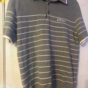 Ben Sherman waffle texture gray and white striped polo shirt